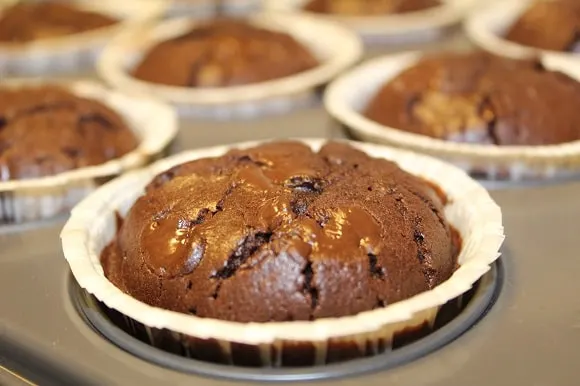 an image of baked chocolate muffins in a muffin pan