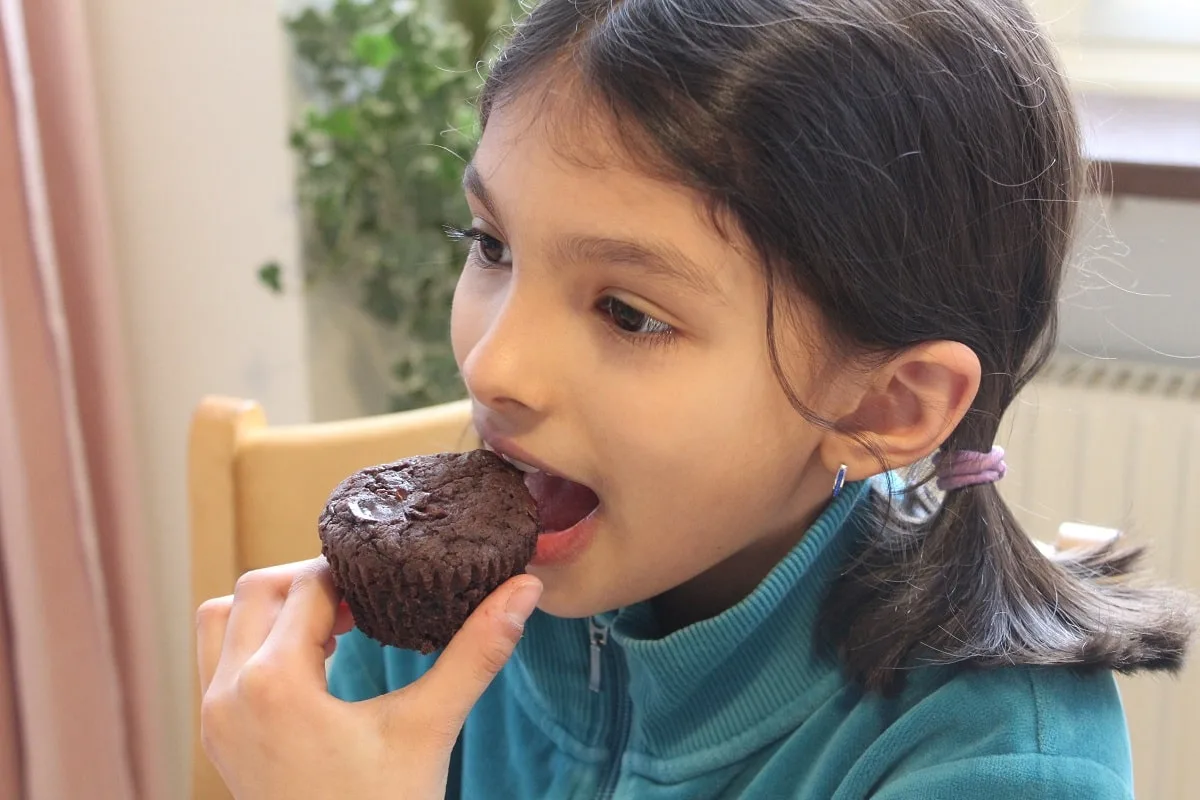 a little girl eating a chocolate muffin