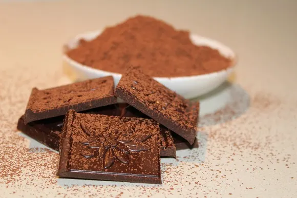 pieces of 80% dark chocolate in front of a bowl with brown cocoa powder