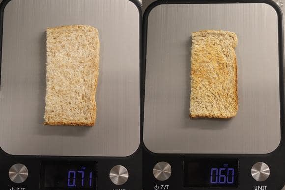 two half slices of toast bread being weighed