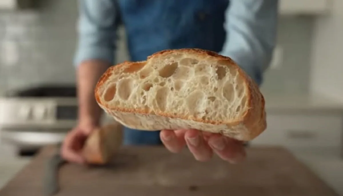 a bread baking youtuber showing his freshly baked bread loaf