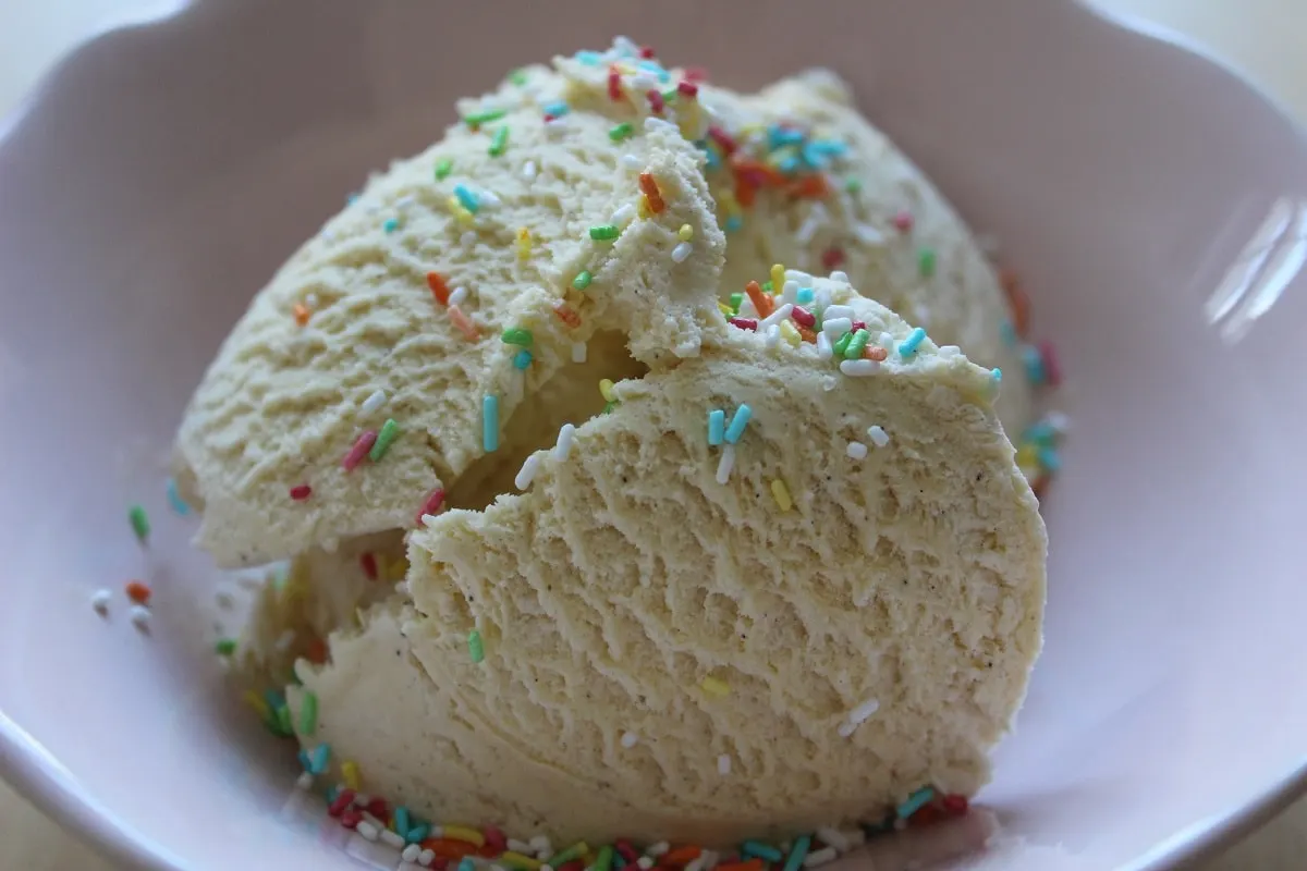 a portion of white vanilla ice cream with sprinkles